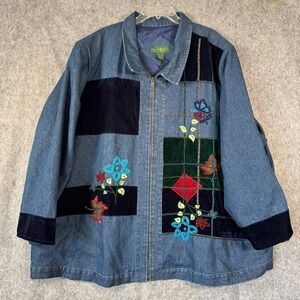VTG Y2K Denim‎ Jacket Womens 4X Artsy Embroidered Floral Velvet Patchwork Zip up